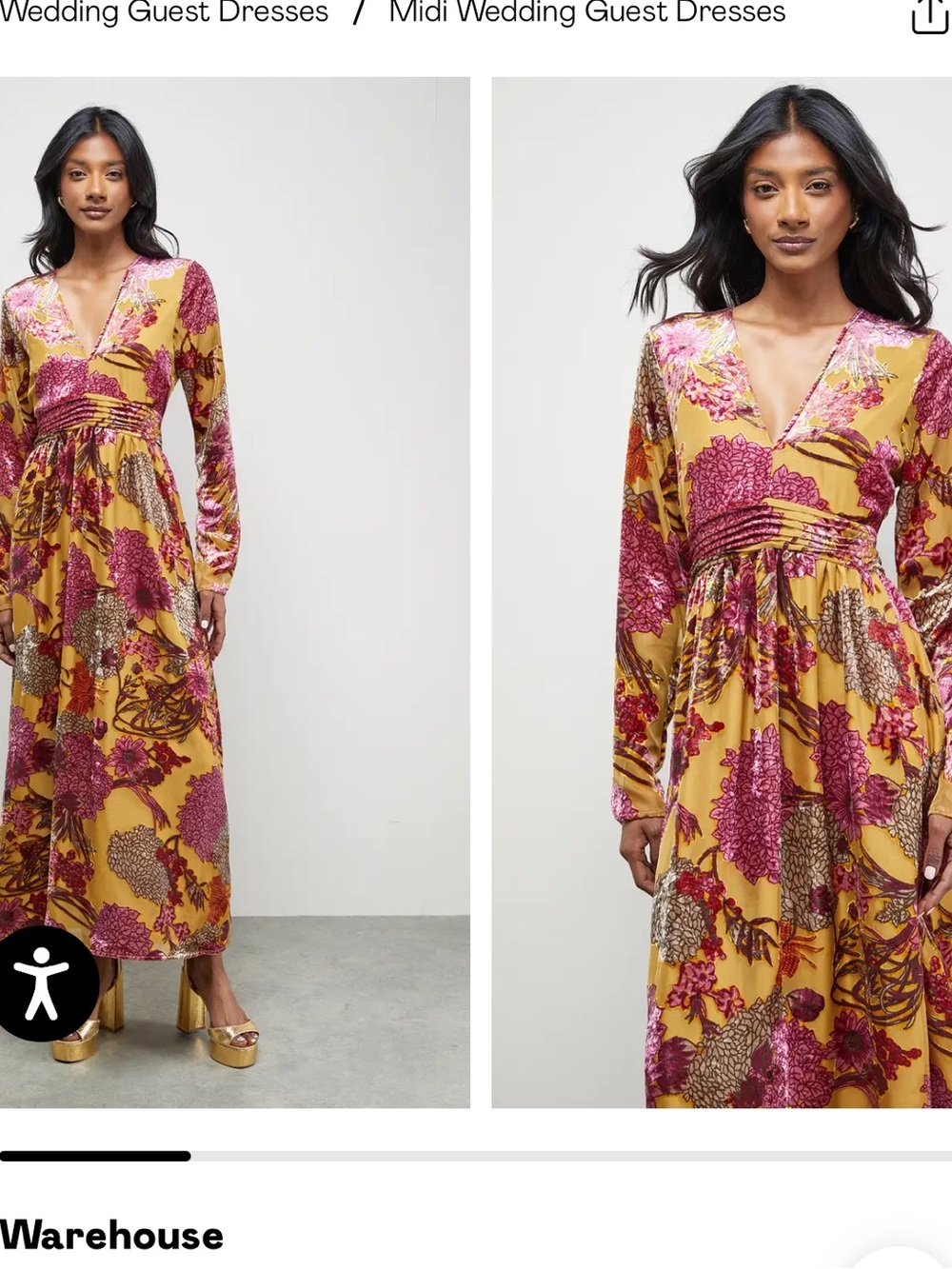 Warehouse Mustard Floral Burnout Velvet Plunge Midi Dress